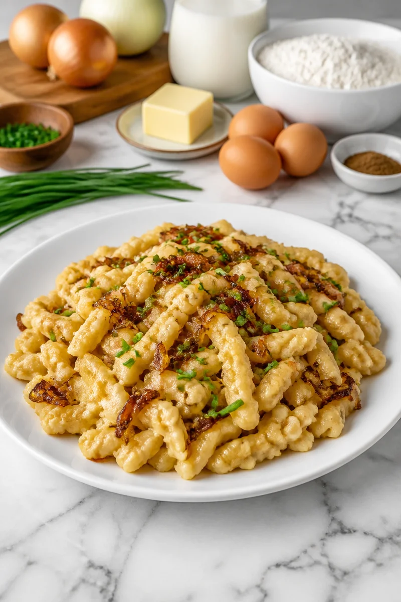 Buttery German Spaetzle topped with caramelized onions in a rustic bowl