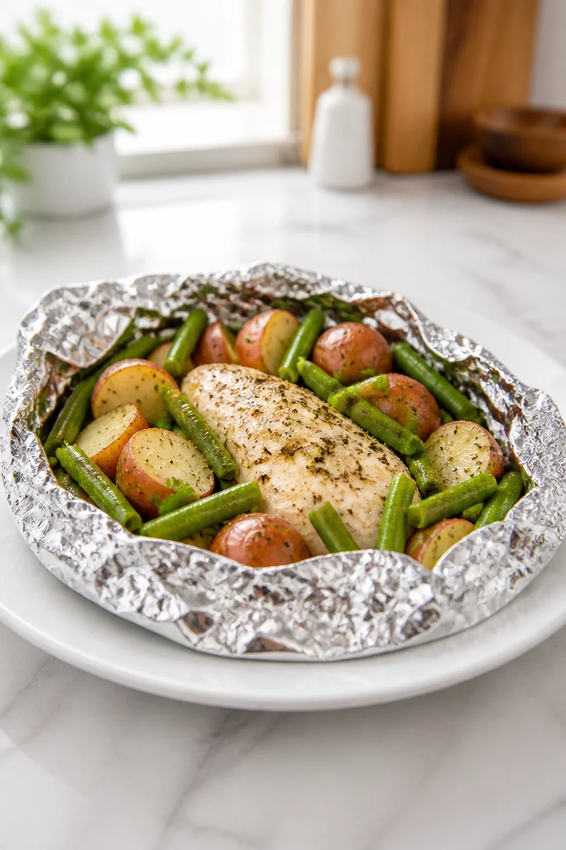 Campfire foil packet chicken dinner preparation with fresh ingredients.