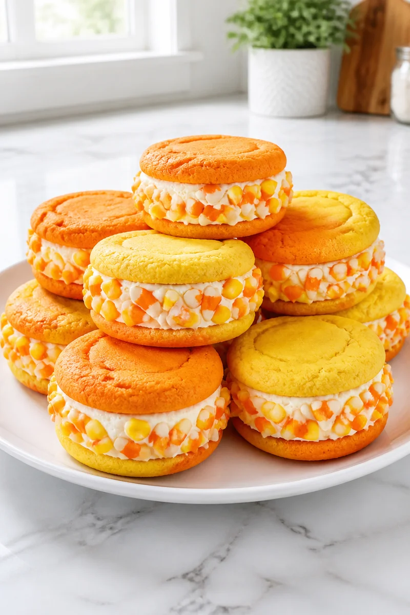 Candy corn ice cream sandwich with colorful candy corn sprinkles
