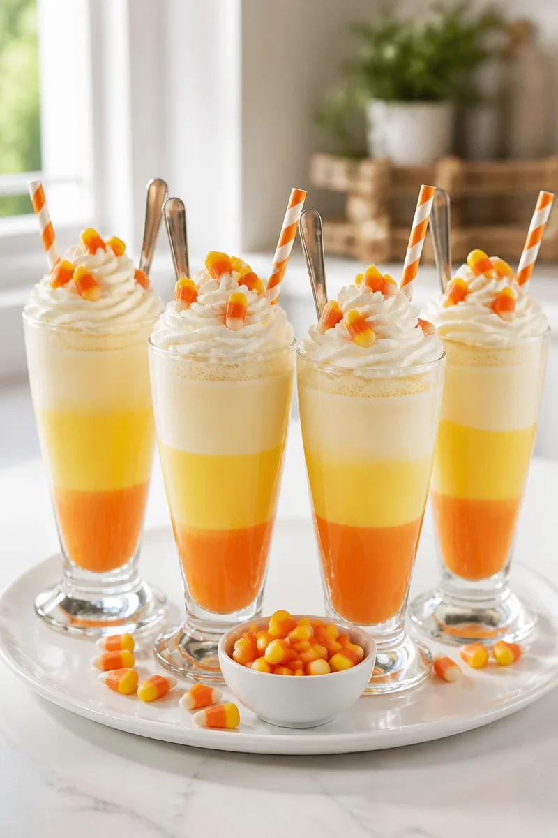 Candy Corn Milkshake Float with whipped cream and candy corn topping