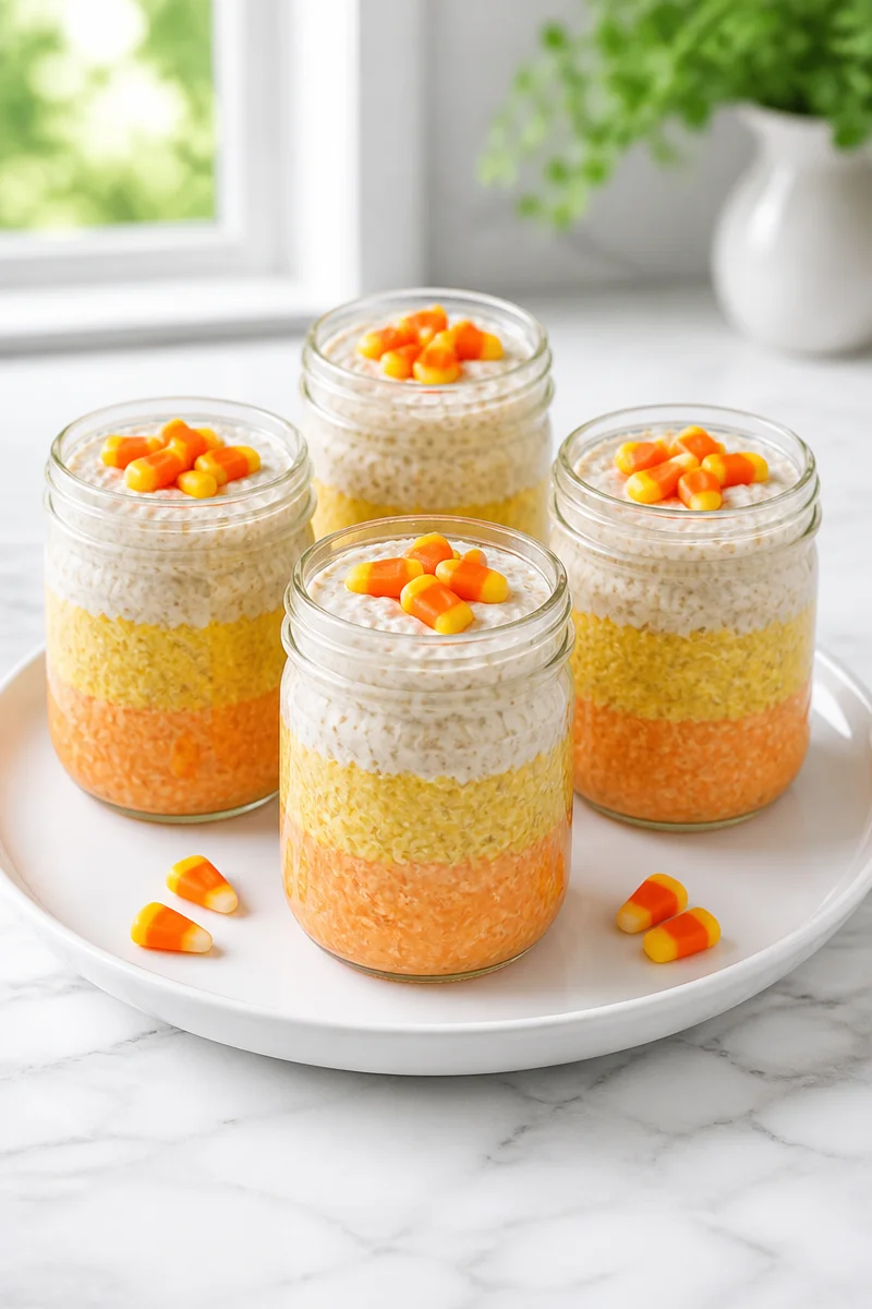 Colorful candy corn overnight oats in a jar for Halloween breakfast