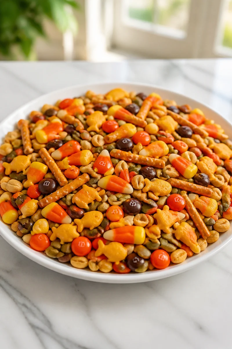 Colorful bowl of Candy Corn Trail Mix Snack with sweets and nuts