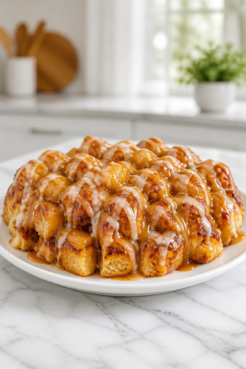 Caramel Apple Cinnamon Roll Bake with apples and caramel drizzle