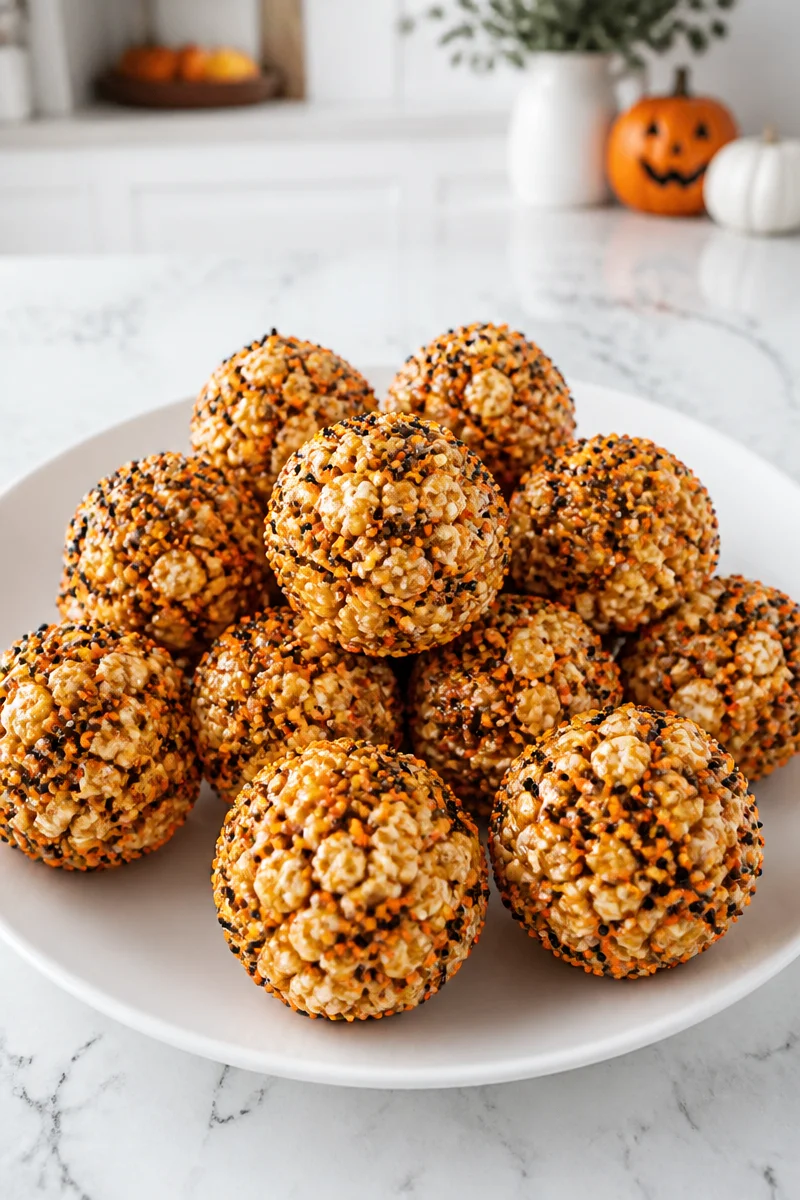 Caramel popcorn Halloween candy balls in a festive setting