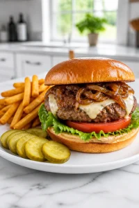 Caramelized Onion Stuffed Beef Burger