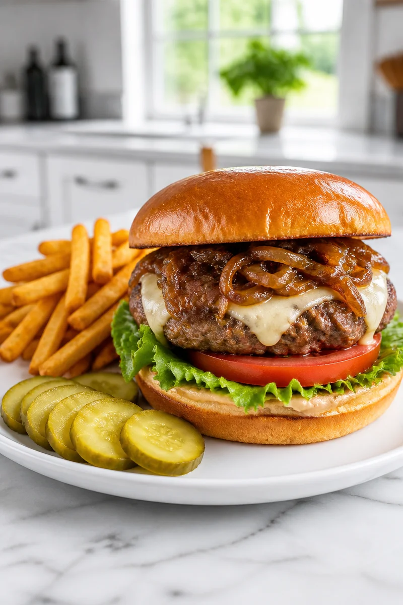 Caramelized onion stuffed beef burger on a plate, garnished with fresh herbs