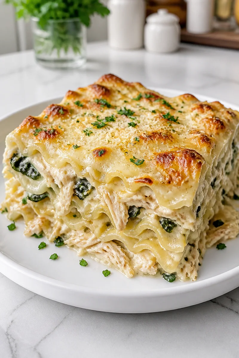 Cheesy Baked Chicken Alfredo Lasagna fresh out of the oven
