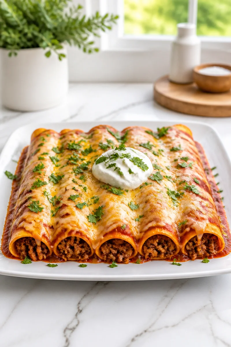 Delicious cheesy beef enchiladas topped with savory sauce