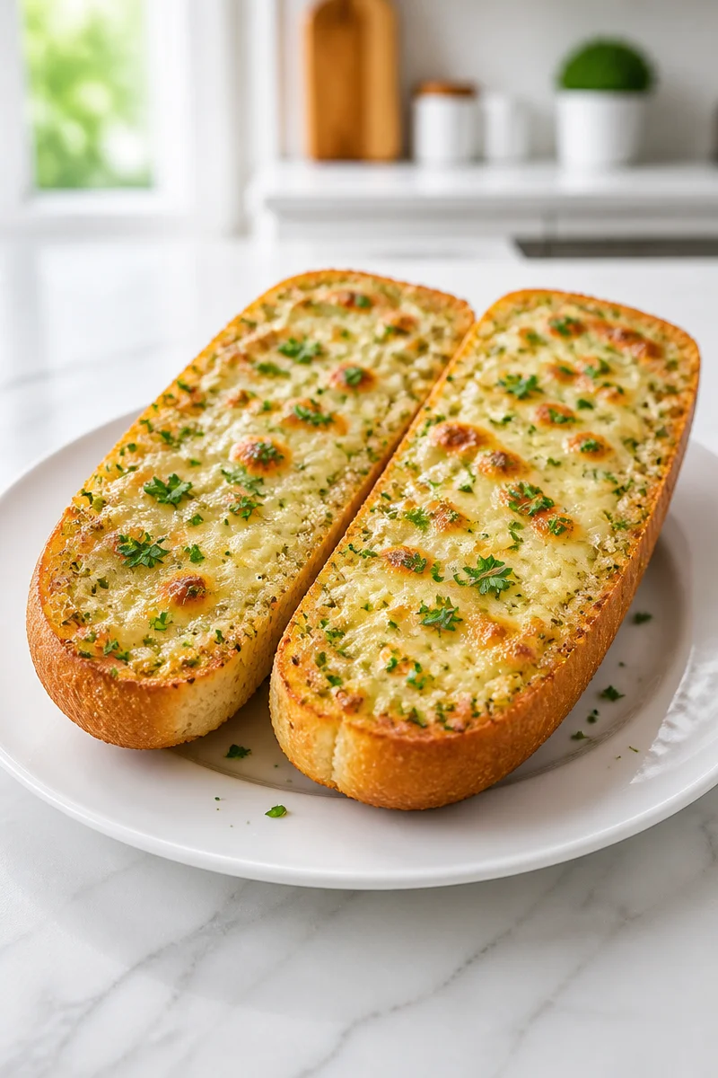 Cheesy homemade garlic bread fresh from the oven, golden and crispy.