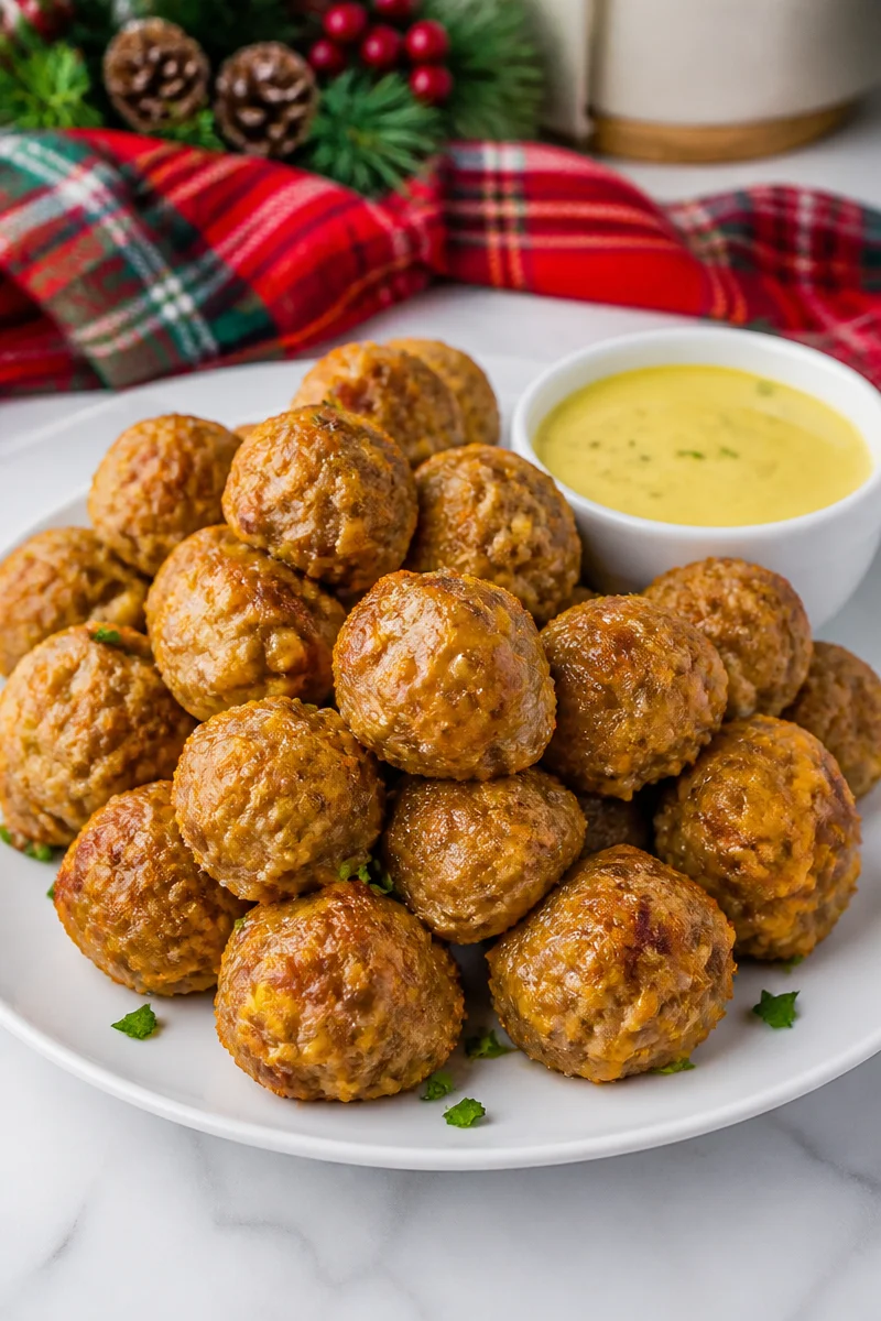 Cheesy sausage balls baked for a festive Christmas party