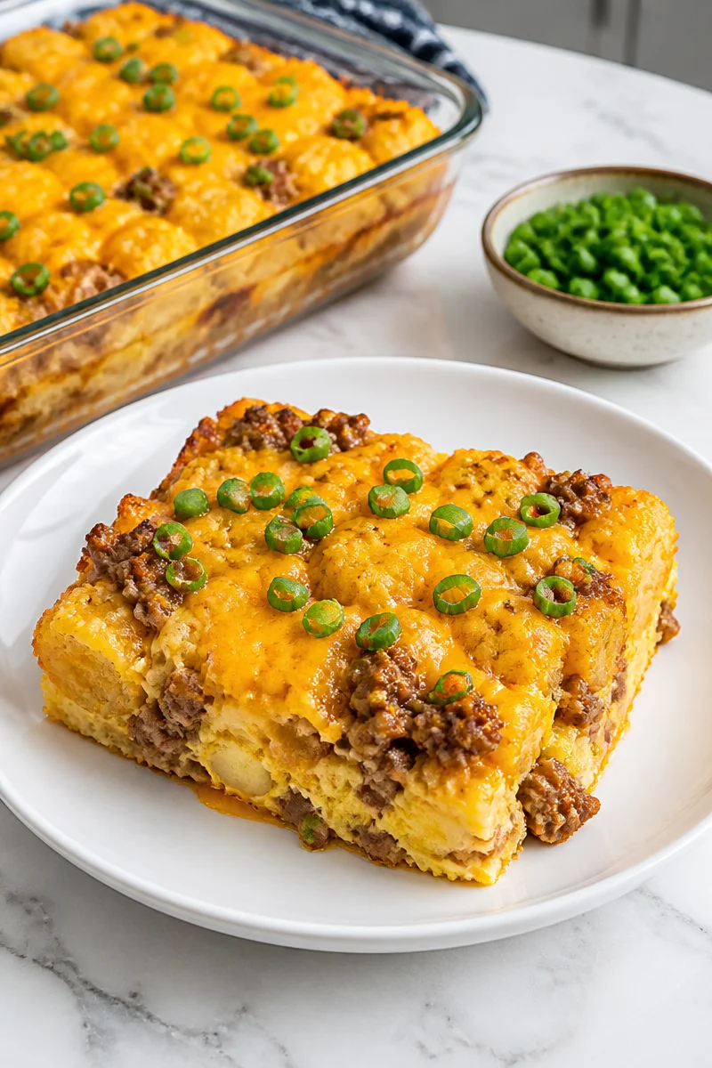Cheesy tater tot breakfast casserole served in a baking dish