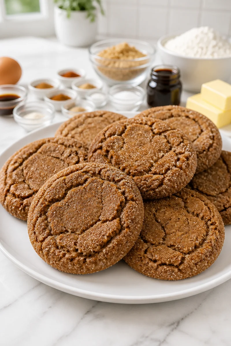 Chewy molasses ginger spice cookies on a plate, perfect for the holiday season.