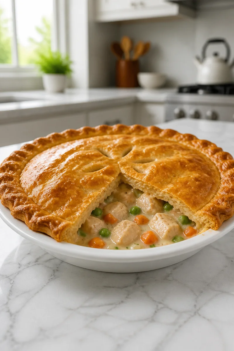 Delicious chicken and dumpling pot pie fresh out of the oven, filled with tender chicken.