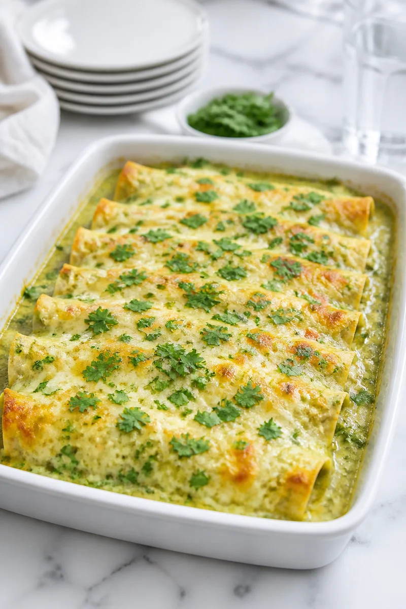 Delicious Chicken Enchilada Suiza topped with savory green sauce