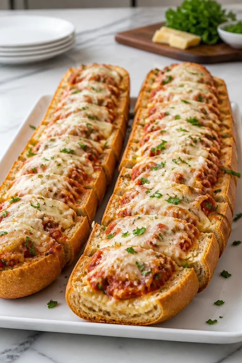 Delicious Chicken Parmesan Stuffed Garlic Bread served on a plate