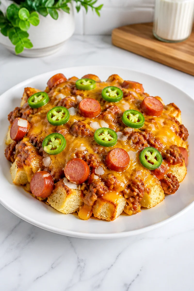 Chili Cheese Dog Bake Casserole dish showcasing melted cheese and chili