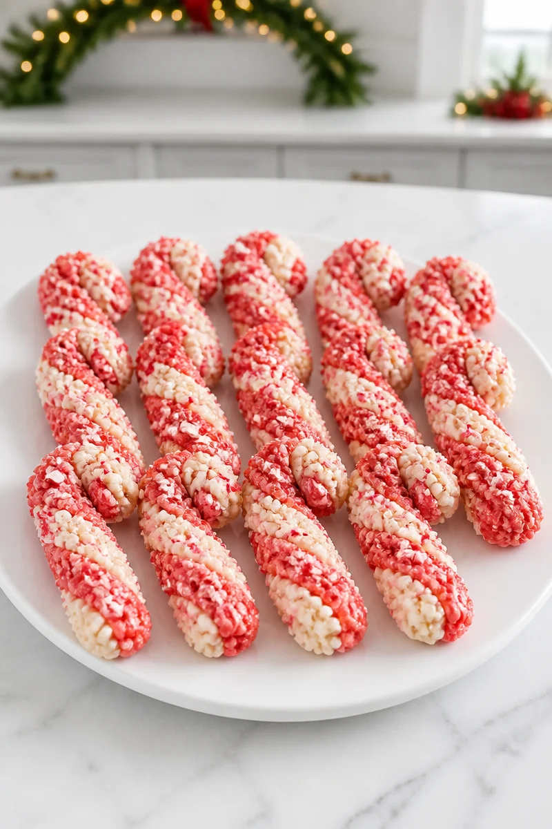 Festive Christmas Rice Krispie Candy Cane dessert with red and white stripes.