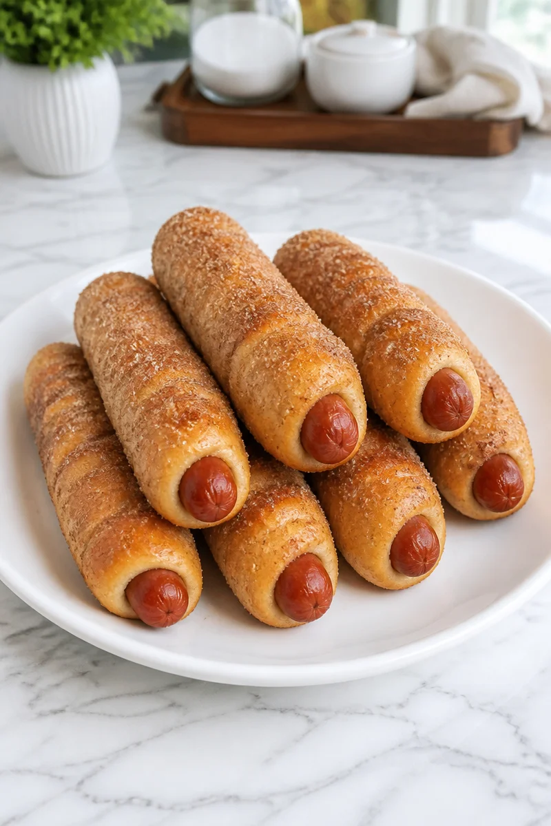 Cinnamon Sugar Soft Pretzel Dog drizzled with icing and sprinkled with cinnamon sugar