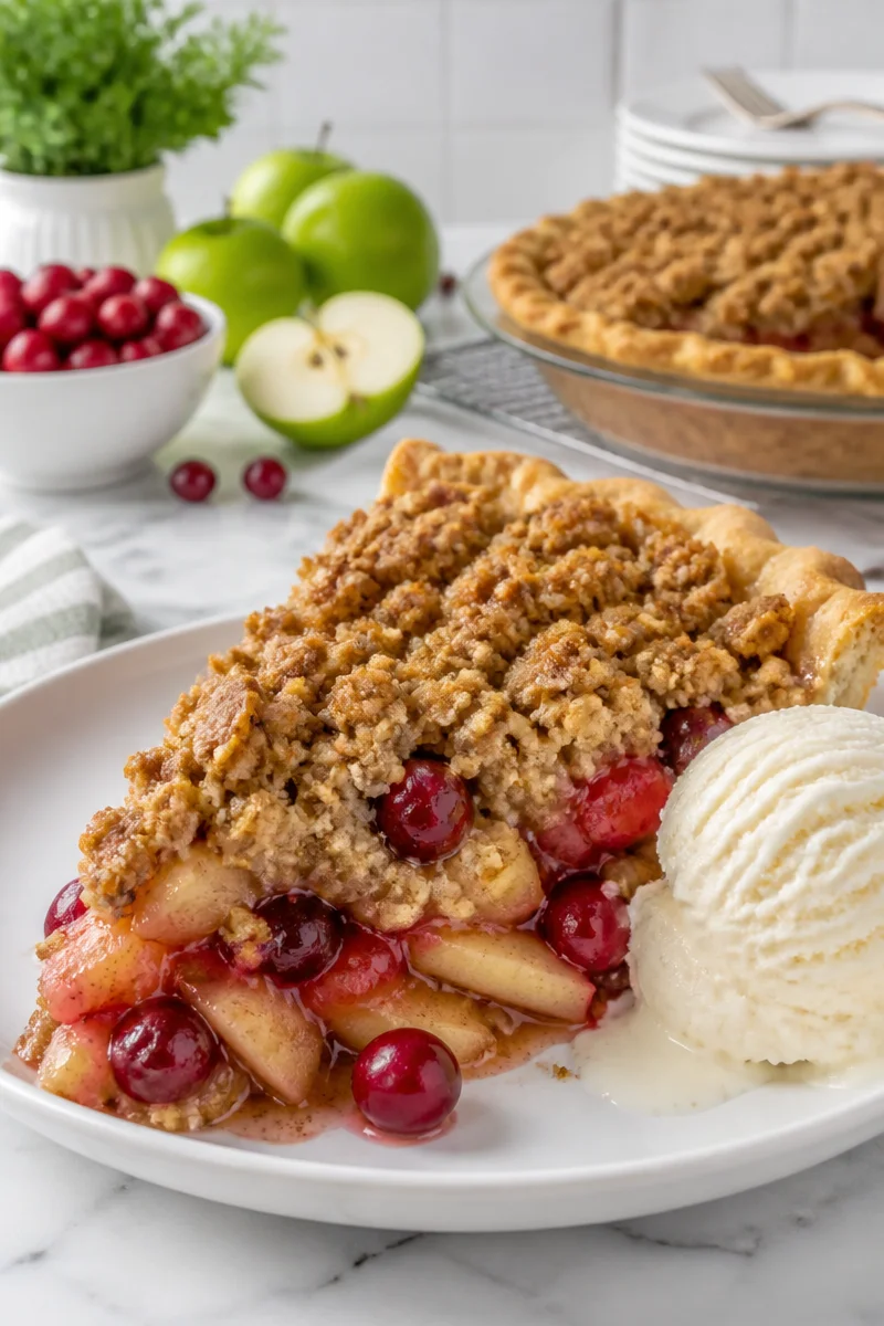 Delicious Classic Apple Cranberry Crumble Pie with a golden crumble topping