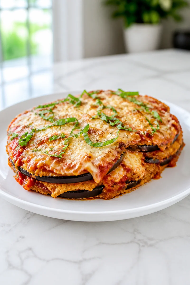 Delicious baked eggplant parmesan with layers of cheese and marinara sauce