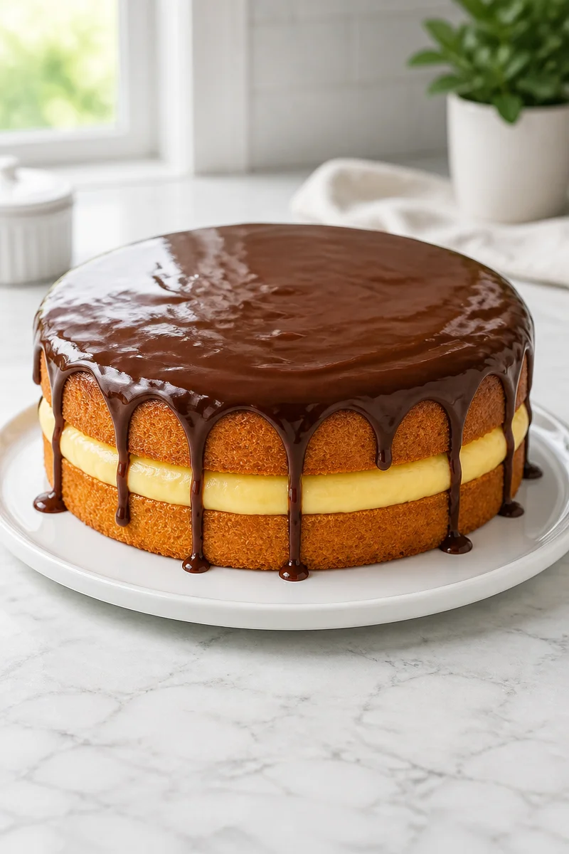 Classic Boston Cream Pie Cake with layers of custard and chocolate ganache