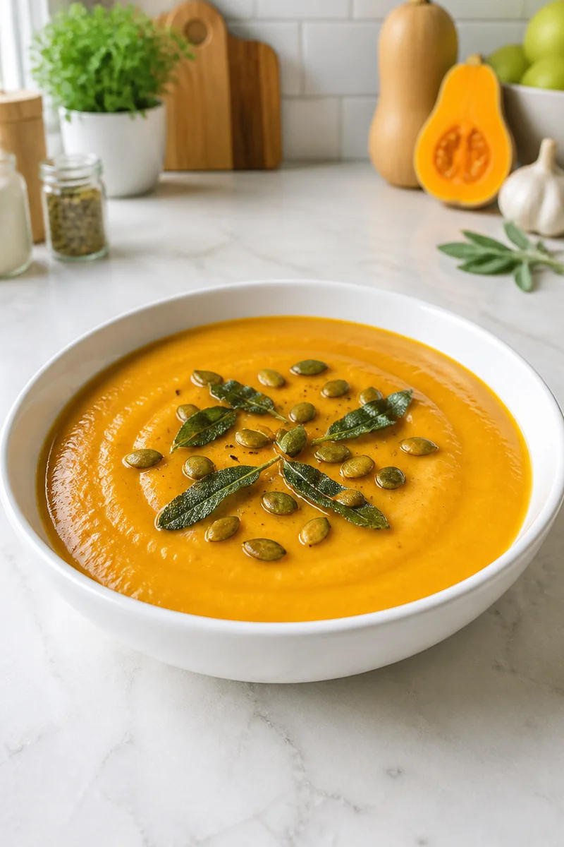 A bowl of classic butternut squash soup garnished with herbs and spices.