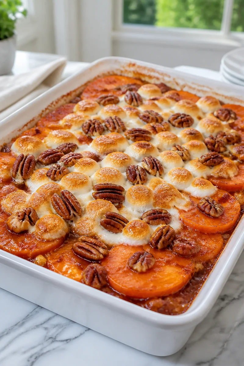 Classic candied yam casserole bake with marshmallows and pecans