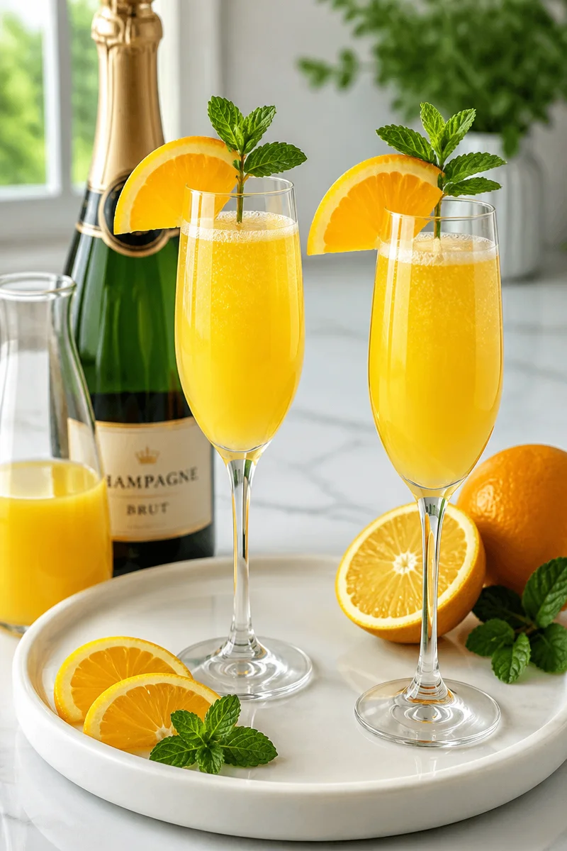 Classic Champagne Mimosa cocktail served in a brunch setting with fresh oranges.
