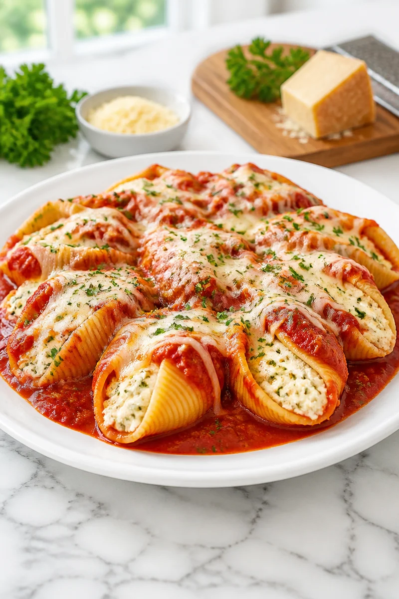 Classic cheese stuffed pasta shells served with marinara sauce and herbs.