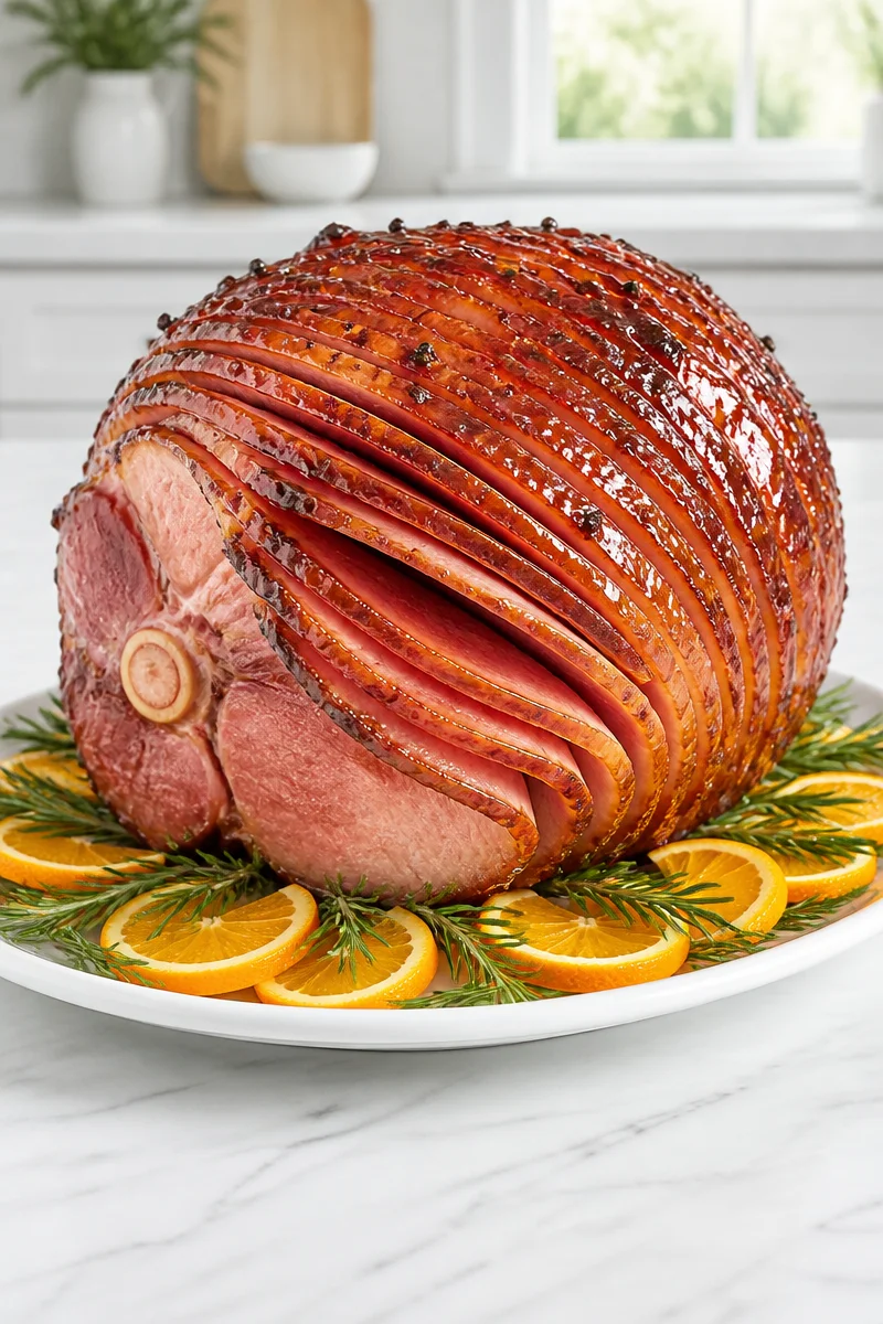 Beautifully glazed Christmas ham served for a festive dinner