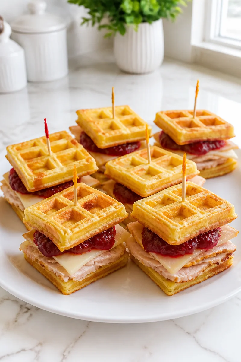 Classic Cornbread Waffle Turkey Slider served on a wooden plate with garnish