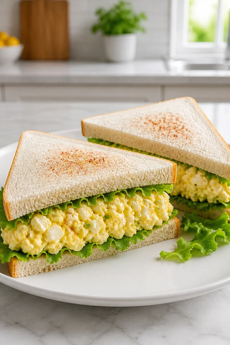 Creamy egg salad sandwich on a plate with fresh greens
