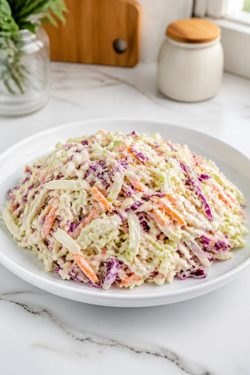 Bowl of classic creamy homemade coleslaw with fresh vegetables