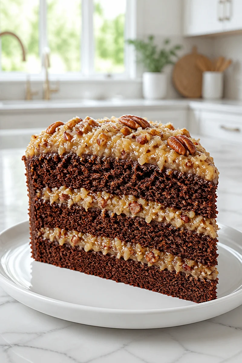 Slice of classic German chocolate cake topped with coconut and pecan frosting.
