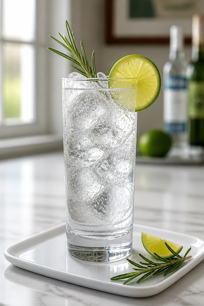 Classic gin and tonic cocktail with lime and ice in a glass