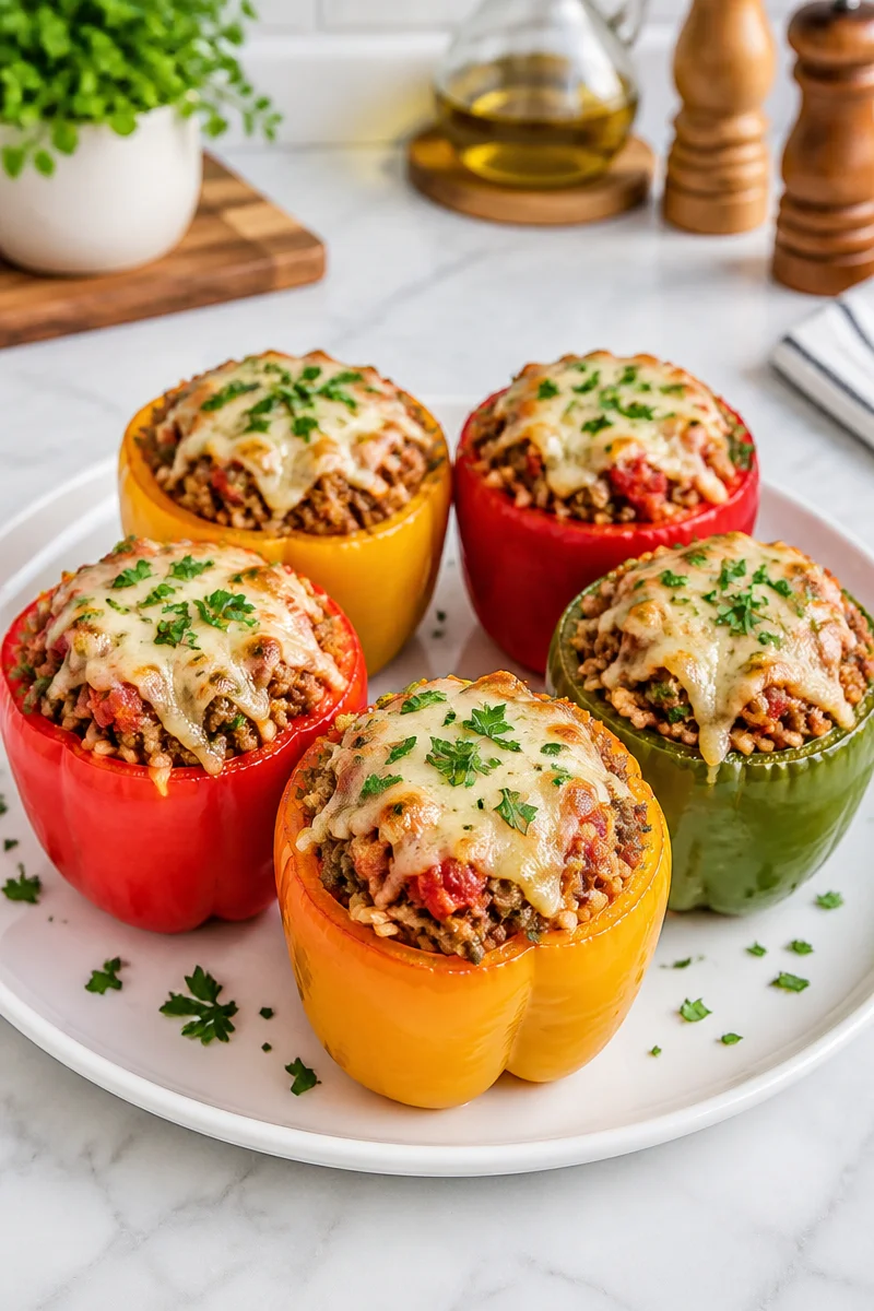 Classic ground beef stuffed peppers topped with melted cheese and herbs