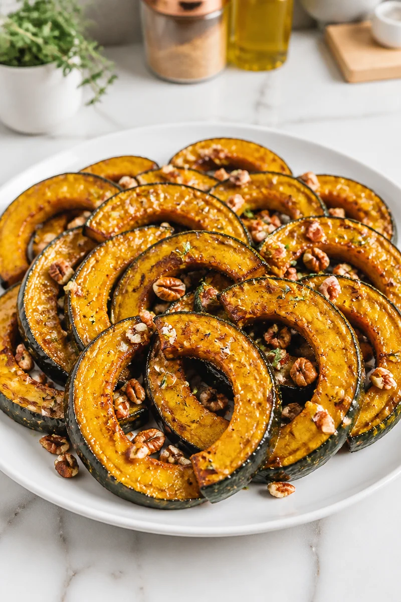 Plate of honey roasted acorn squash slices garnished with herbs