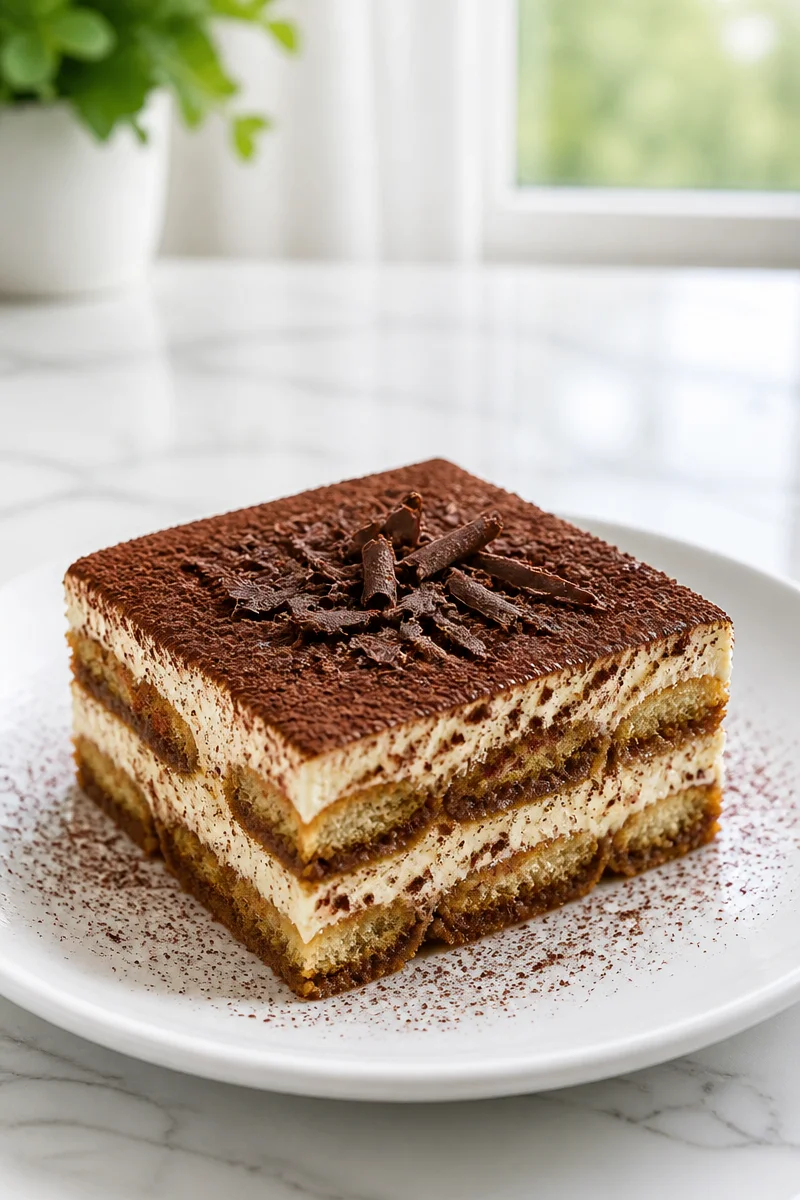 Classic Italian tiramisu dessert garnished with cocoa powder and coffee beans