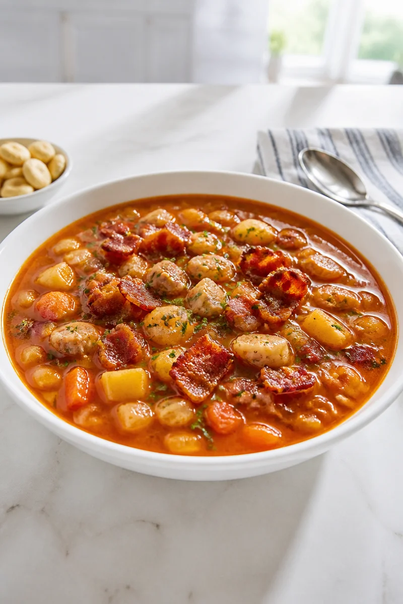 Bowl of classic Manhattan clam chowder garnished with herbs and served warm