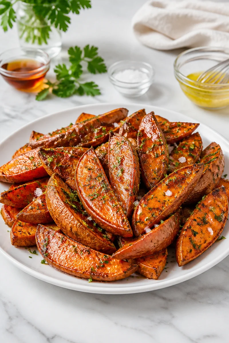 A bowl of classic maple roasted sweet potatoes topped with herbs.