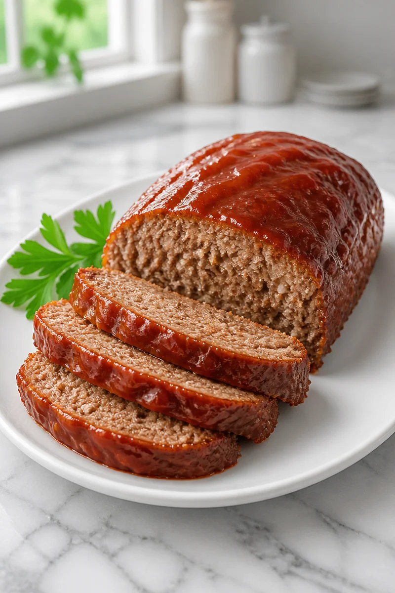Classic meatloaf with brown sugar glaze ready to serve