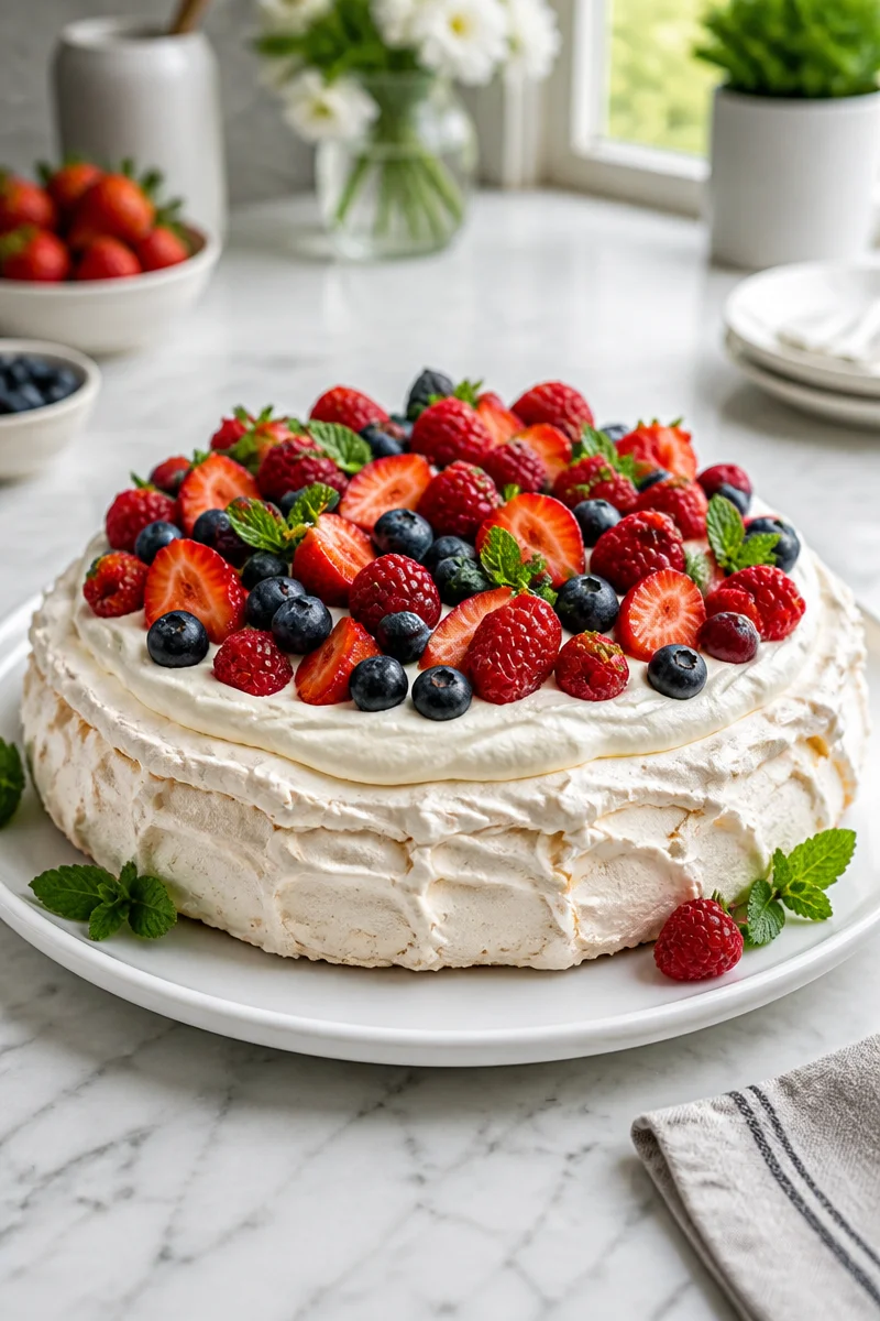 Classic Pavlova dessert topped with fresh berries on a white plate.