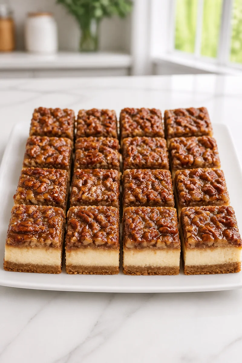 Classic Pecan Praline Cheesecake Bar with rich topping and pecans