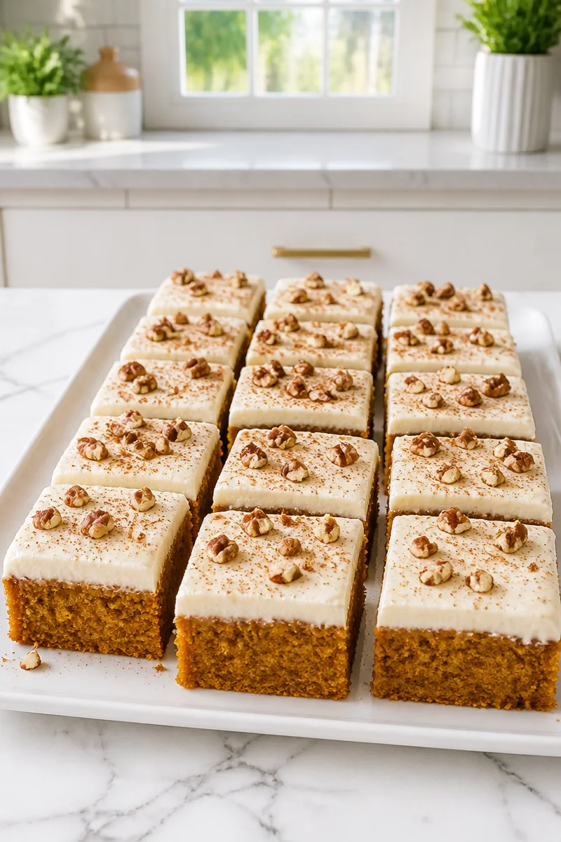 Delicious classic pumpkin bars topped with creamy cream cheese frosting.