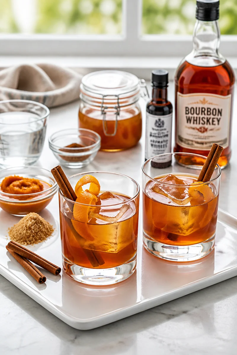 Classic Pumpkin Old Fashioned Cocktail garnished with an orange slice and cinnamon stick
