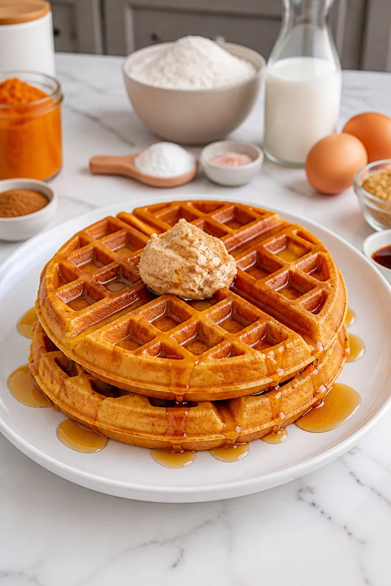 Delicious classic pumpkin waffles served with cinnamon butter