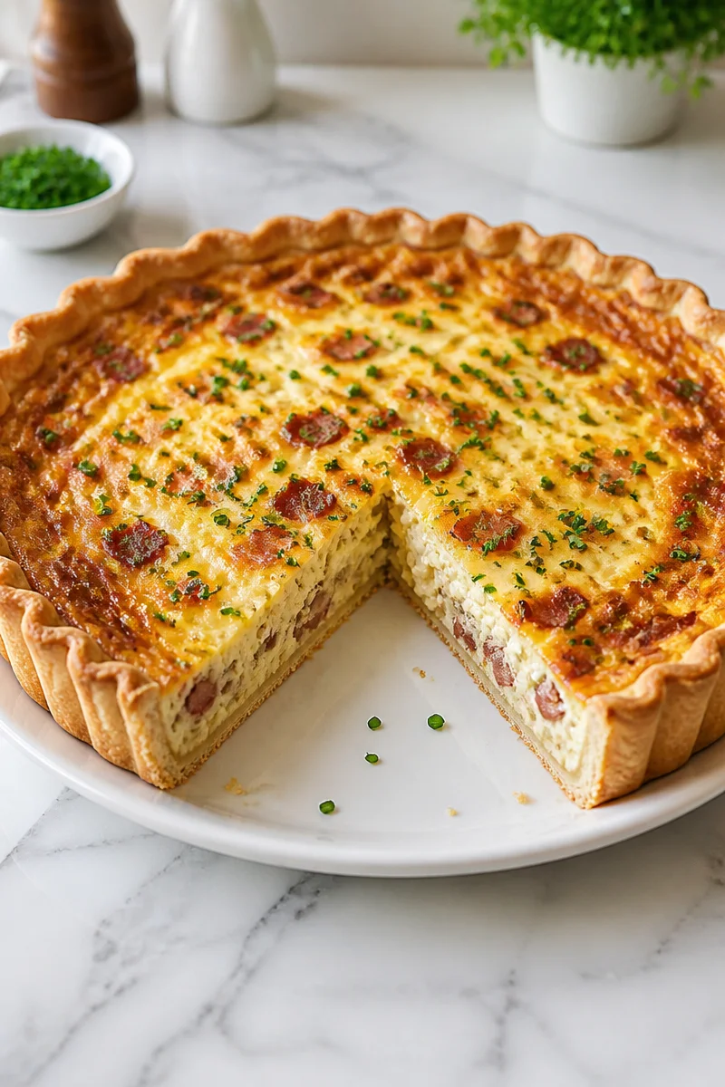 Classic Quiche Lorraine with bacon and Gruyere cheese slice