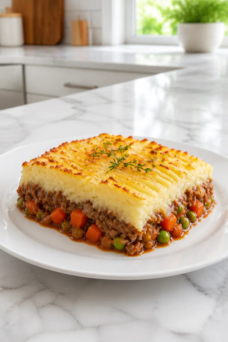 Classic Shepherd's Pie topped with creamy mashed potatoes and ground beef