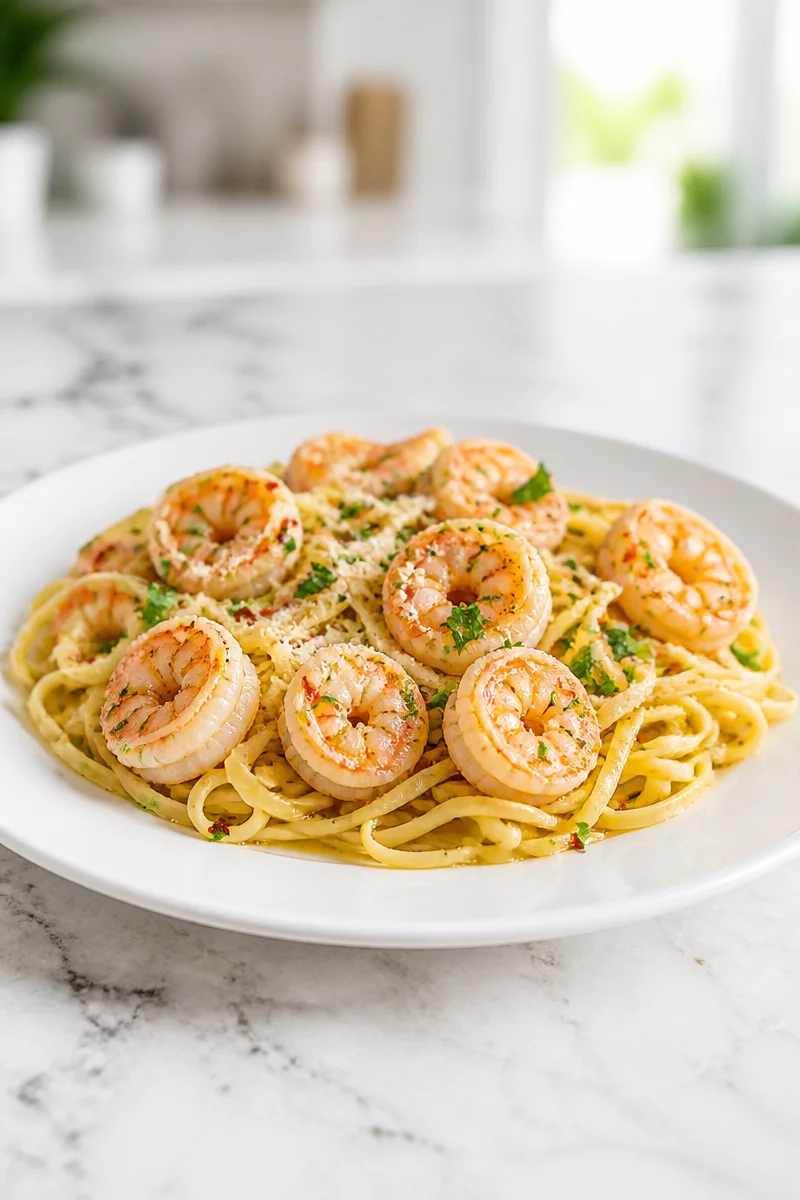 Plate of Classic Shrimp Scampi Linguine Pasta with garlic and parsley