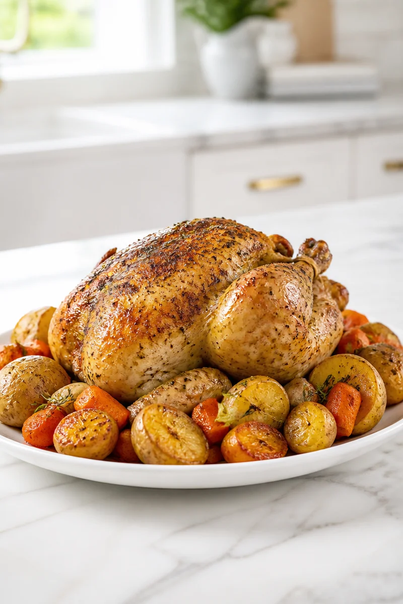 Classic Sunday roast chicken dinner with sides and herbs